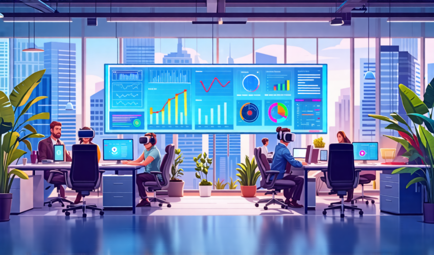 Create an image of a modern, futuristic office space in 2023, filled with advanced technology tools designed to boost productivity. Include smart desks wit