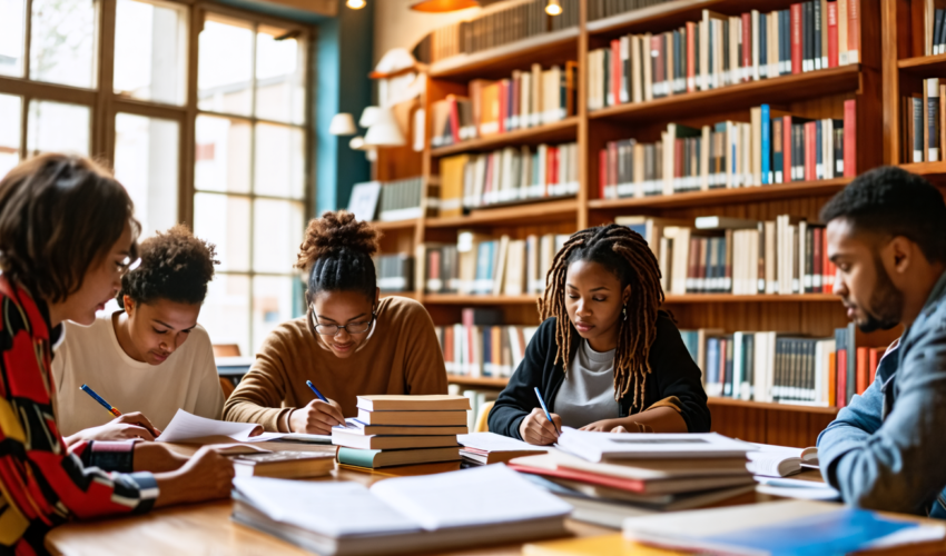 A diverse group of people sitting around a table in a cozy library, surrounded by stacks of books and academic journals. Each person is browsing different