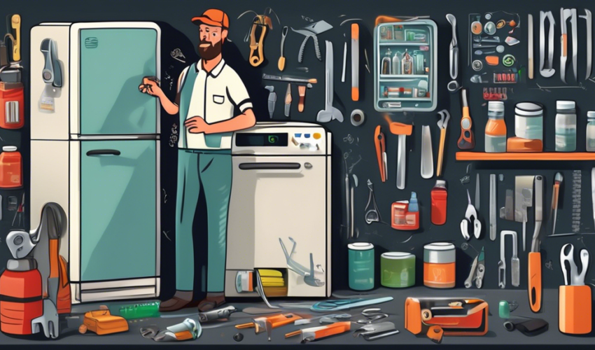 An informative and visually appealing illustration of a refrigerator repair scene, featuring a technician in a workshop surrounded by tools, spare parts, a