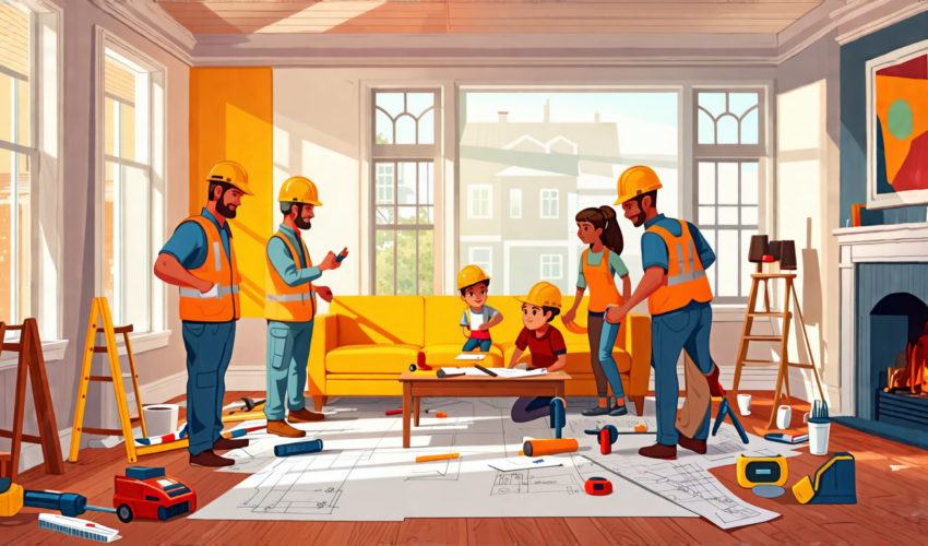 Create an image of a bustling home renovation scene: a family in a spacious, sunlit living room collaborating with contractors. The room is partially renov