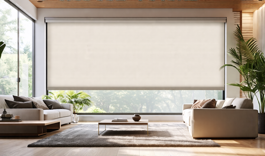 Create a cozy, modern living room scene featuring a large window dressed with sleek, stylish roller blinds in a neutral color. The blinds are partially clo