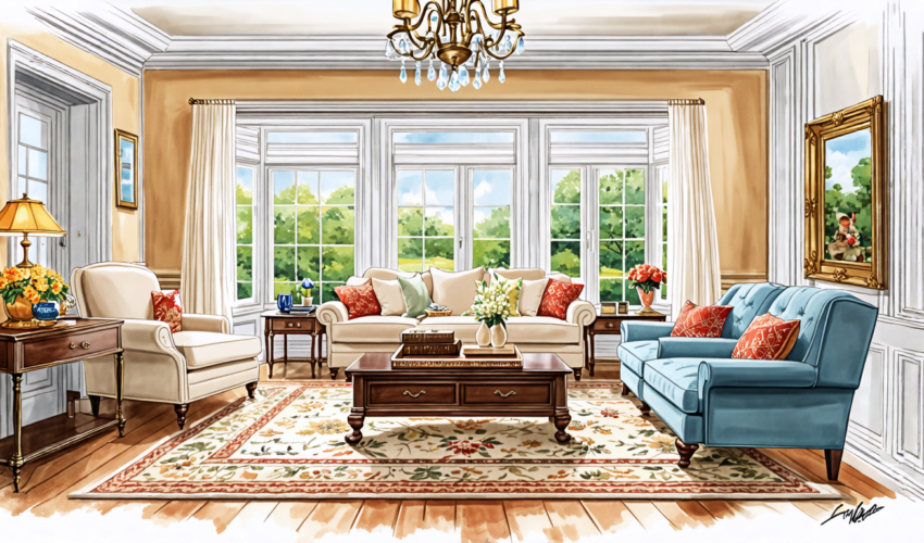 Create an illustration of a cozy living room showcasing a variety of trim and molding styles. Include detailed crown molding near the ceiling, elegant base