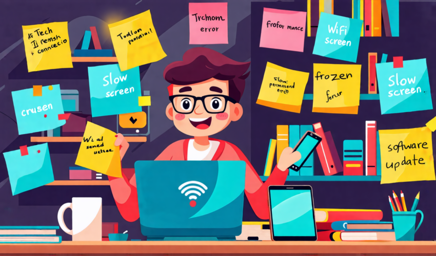 A cluttered but organized workspace with various tech gadgets like a computer, smartphone, and tablet. The scene is bustling with activity as a tech-savvy