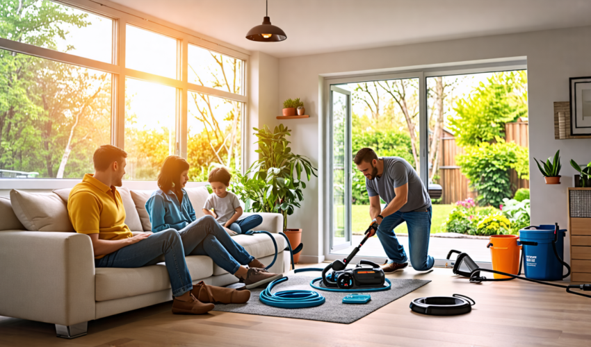 Create an image of a cozy, modern living room with an open window letting in fresh air and a family comfortably sitting around. In the corner, an experienc