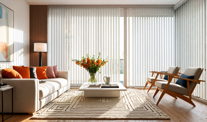 Create an inviting living room scene showcasing modern, stylish vertical blinds. The room should have a large window adorned with sleek, contemporary verti