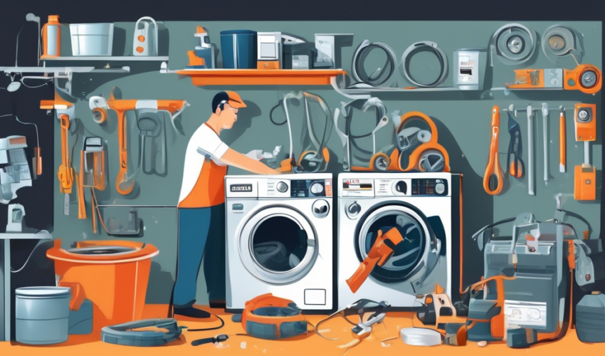 An informative illustration showcasing a handy technician repairing a washing machine in a well-equipped workshop, surrounded by tools and spare parts. The